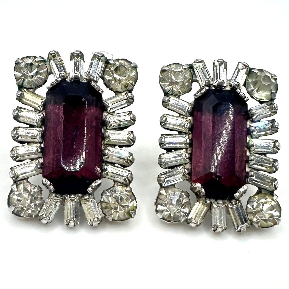 1940s vintage sterling silver purple clear glass rhinestones screw back earrings
